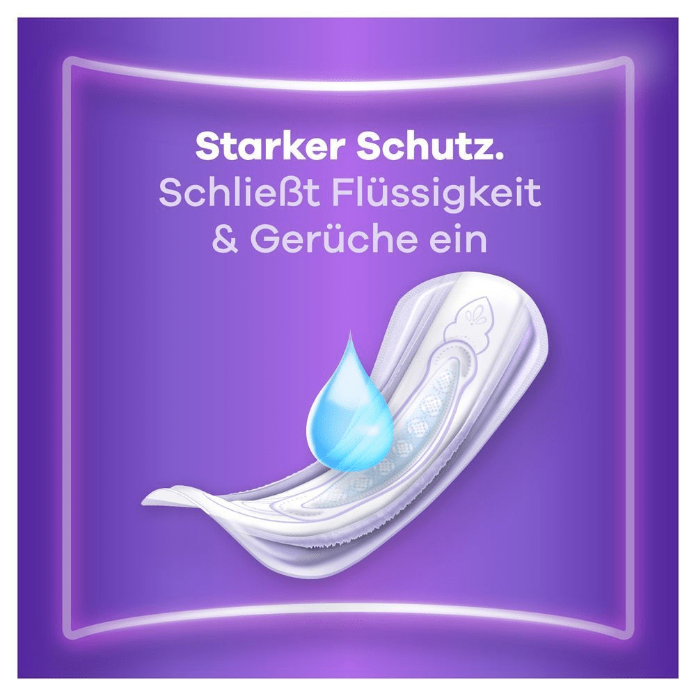Always Discreet Einlage bieten starken Schutz, indem sie Flüssigkeit und Gerüche einschließen, wie durch den Wassertropfen visuell hervorgehoben.