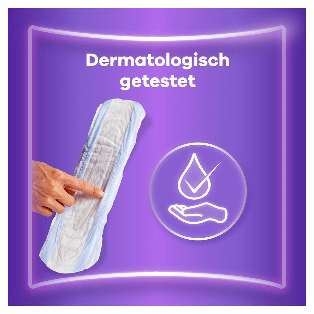 Always Discreet Einlage, dermatologisch getestet, mit einem Symbol für sanfte Hautverträglichkeit.