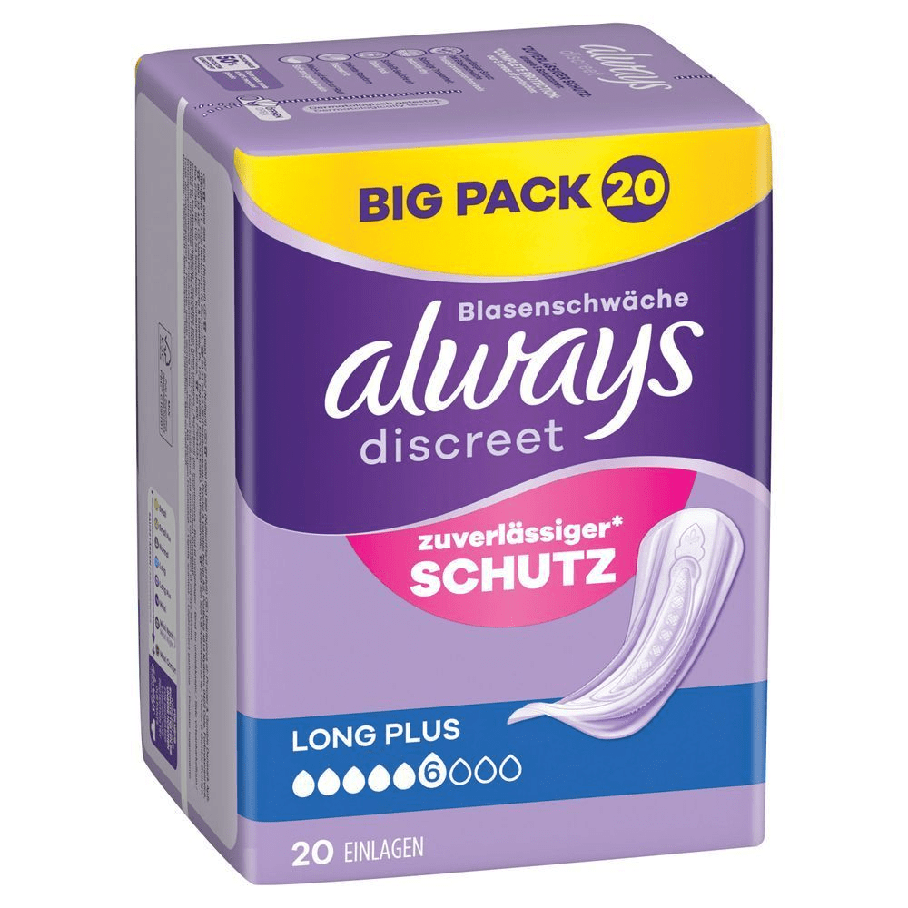 Always Discreet Inkontinenzeinlagen, Big Pack 20 Long Plus, mit zuverlässigem Schutz für Blasenschwäche.