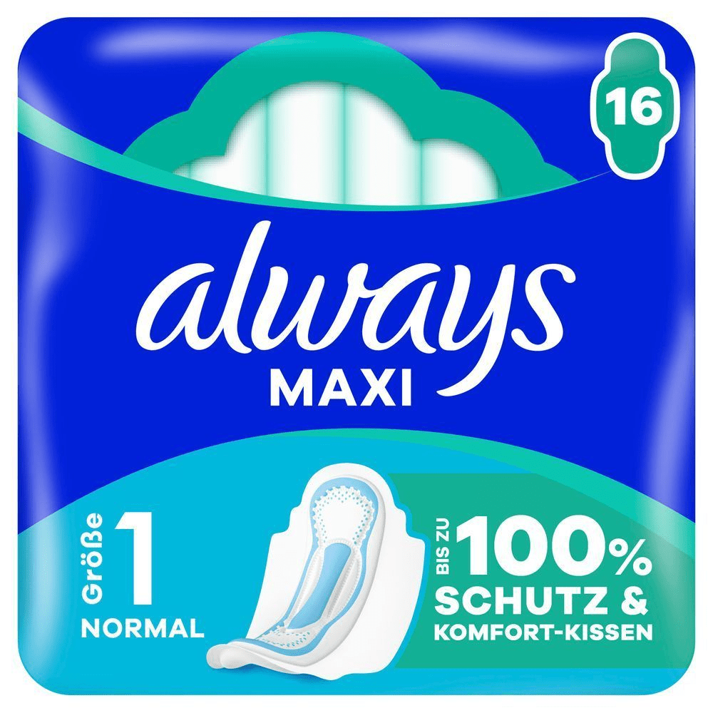 Always Maxi Damenbinden, Größe 1 Normal, mit dem Versprechen von bis zu 100 % Schutz und Komfort-Kissen, Packung mit 16 Stück.
