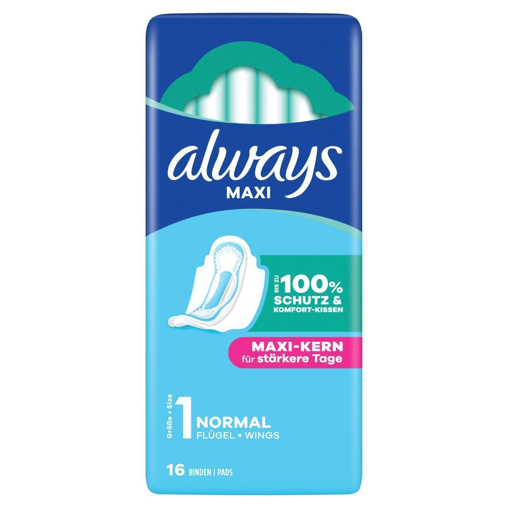 Always Maxi Binden-Packung, hervorgehoben wird der bis zu 100% Schutz und Komfort-Kissen.