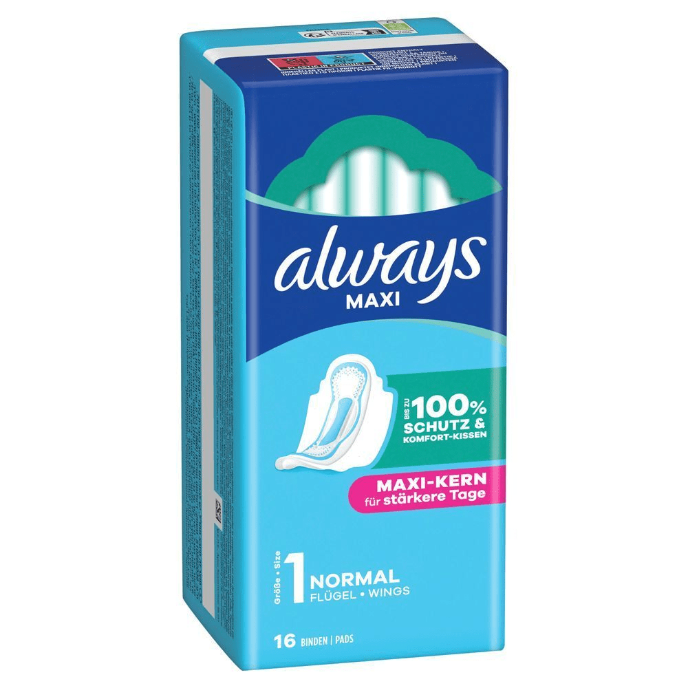 Always Maxi Damenbinden, Grösse 1 Normal, mit bis zu 100% Schutz & Komfort-Kissen und Maxi-Kern für stärkere Tage.
