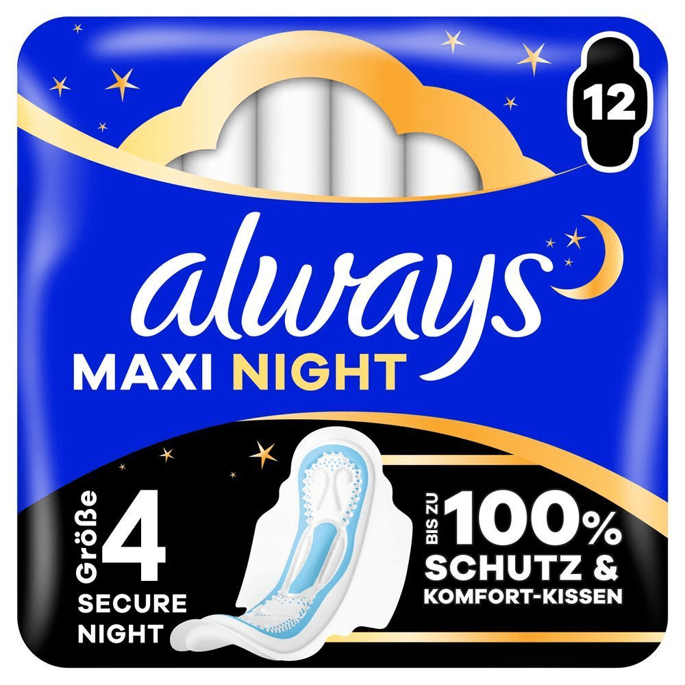 Always Maxi Night Größe 4 Verpackung mit dem Hinweis auf bis zu 100% Schutz und Komfort-Kissen.