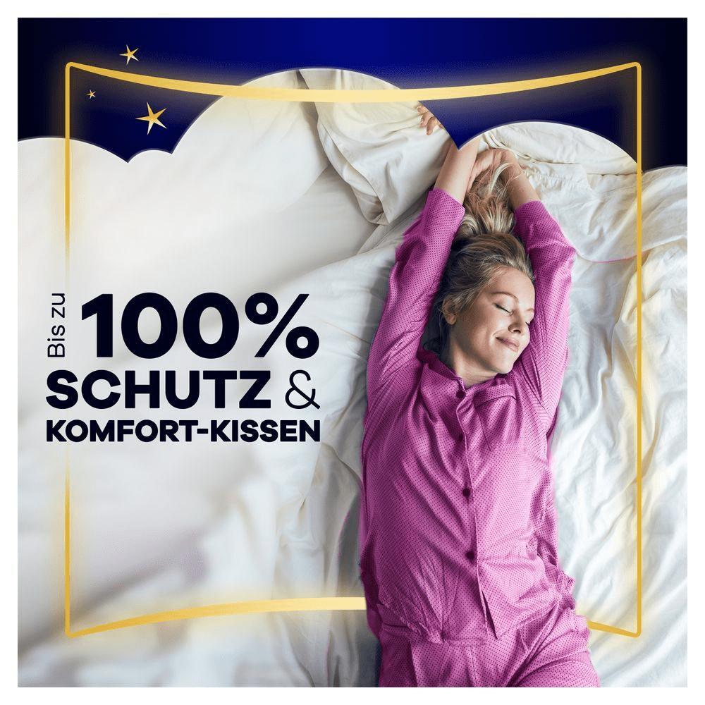 Frau streckt sich zufrieden im Bett. Der Text lautet "Bis zu 100% Schutz und Komfort-Kissen".