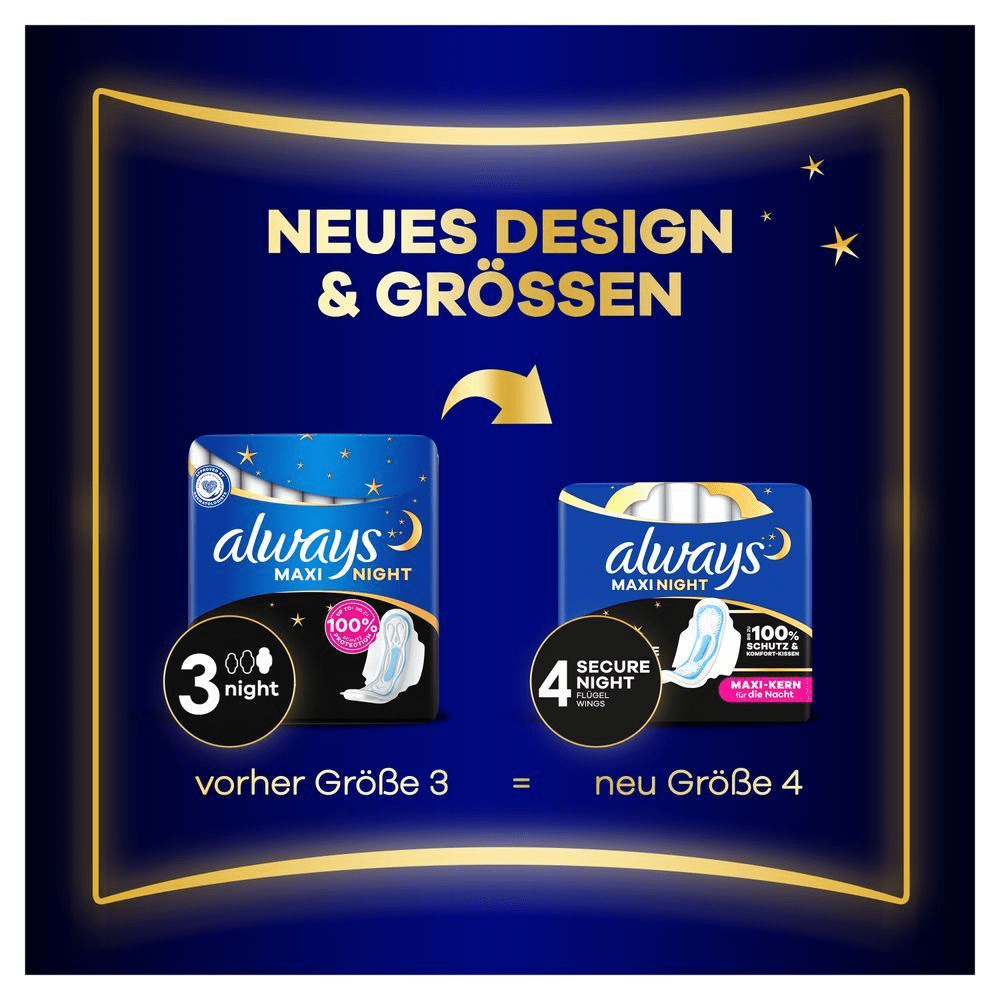 Always Maxi Secure Night hat ein neues Design. Die vorherige Größe 3 ist jetzt Größe 4