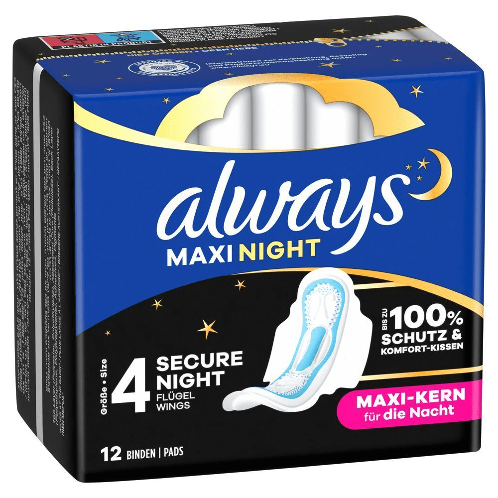 Always Maxi Night Verpackung mit dem Slogan "Bis zu 100% Schutz & Komfort-Kissen".