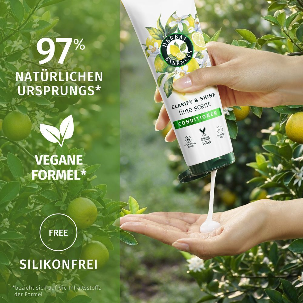 Herbal Essences Clarify & Shine Spülung mit Limettenduft, 97% natürlichen Ursprungs.