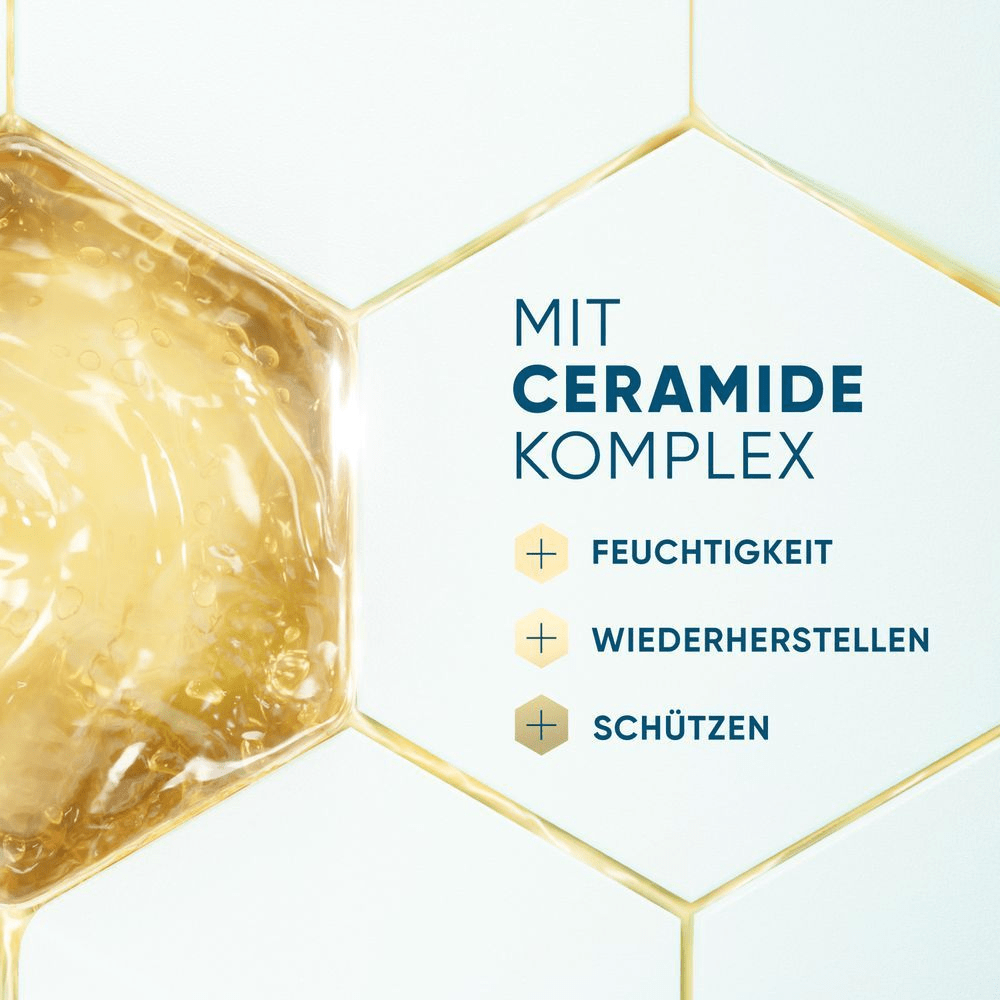 Wabenmuster mit goldenem Gel und Ceramide-Komplex-Werbetext: Befeuchten, Wiederherstellen, Schützen