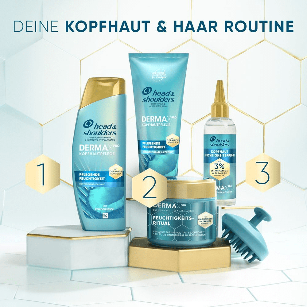 Head & Shoulders DERMA X Pro Haarpflegeserie in 3 Schritten für Kopfhaut- und Haarpflege.