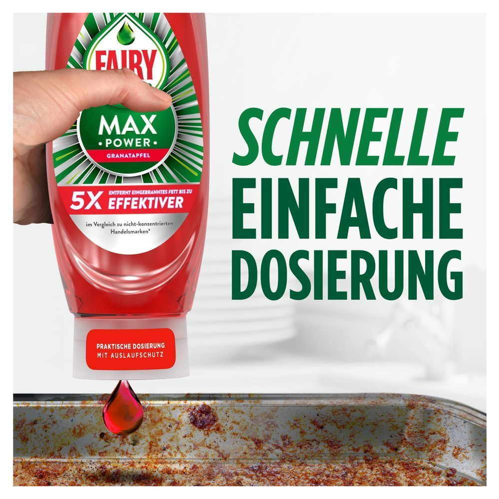 Fairy Max Power Granatapfel Spülmittel mit dem Hinweis entfernt eingebranntes Fett bis zu 5x effektiver und schnelle einfache Dosierung.