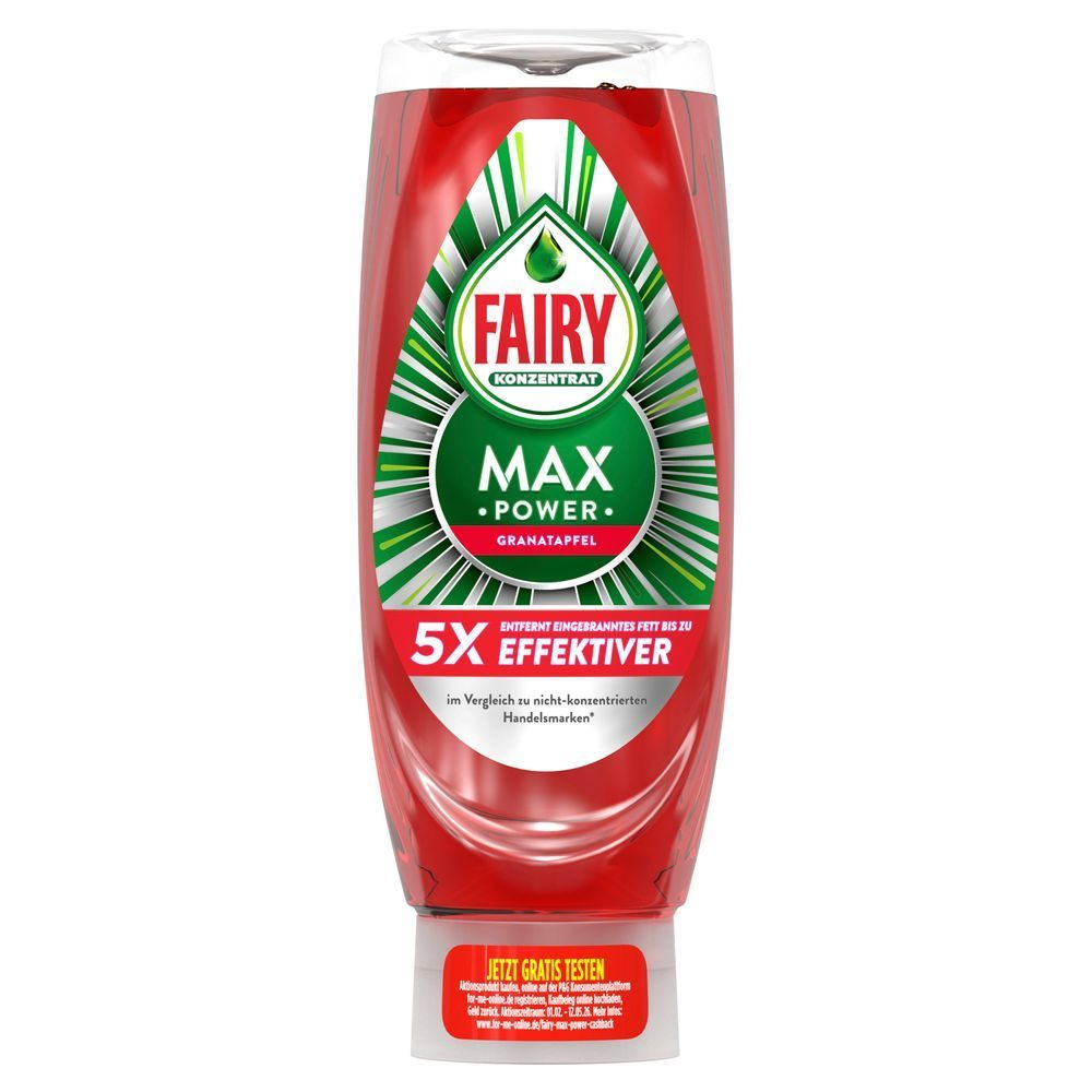 Fairy Max Power Granatapfel Spülmittelkonzentrat in kopfstehender Flasche mit dem Hinweis entfernt eingebranntes Fett bis zu 5× effektiver. [EN] Fairy Liquid Super Compact Cherry Blossom, Bottle 545ml