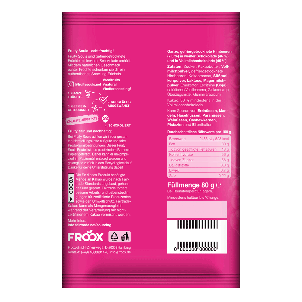Bild: Fruity souls Himbeeren in weißer und Vollmilch Schokolade