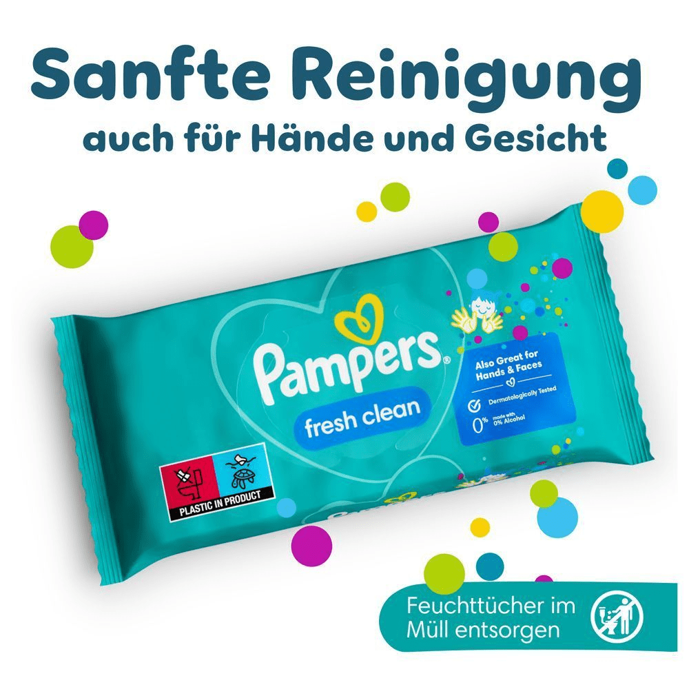 Eine Packung Pampers Fresh Clean Baby-Feuchttücher liegt auf einem weißen Hintergrund mit bunten Punkten. Die Tücher werden als sanft reinigend beschrieben und sind auch hervorragend für die Anwendung an Händen und Gesicht geeignet. Der Text erinnert daran, dass sie nicht in die Toilette gespült, sondern im Müll entsorgt werden sollen.
