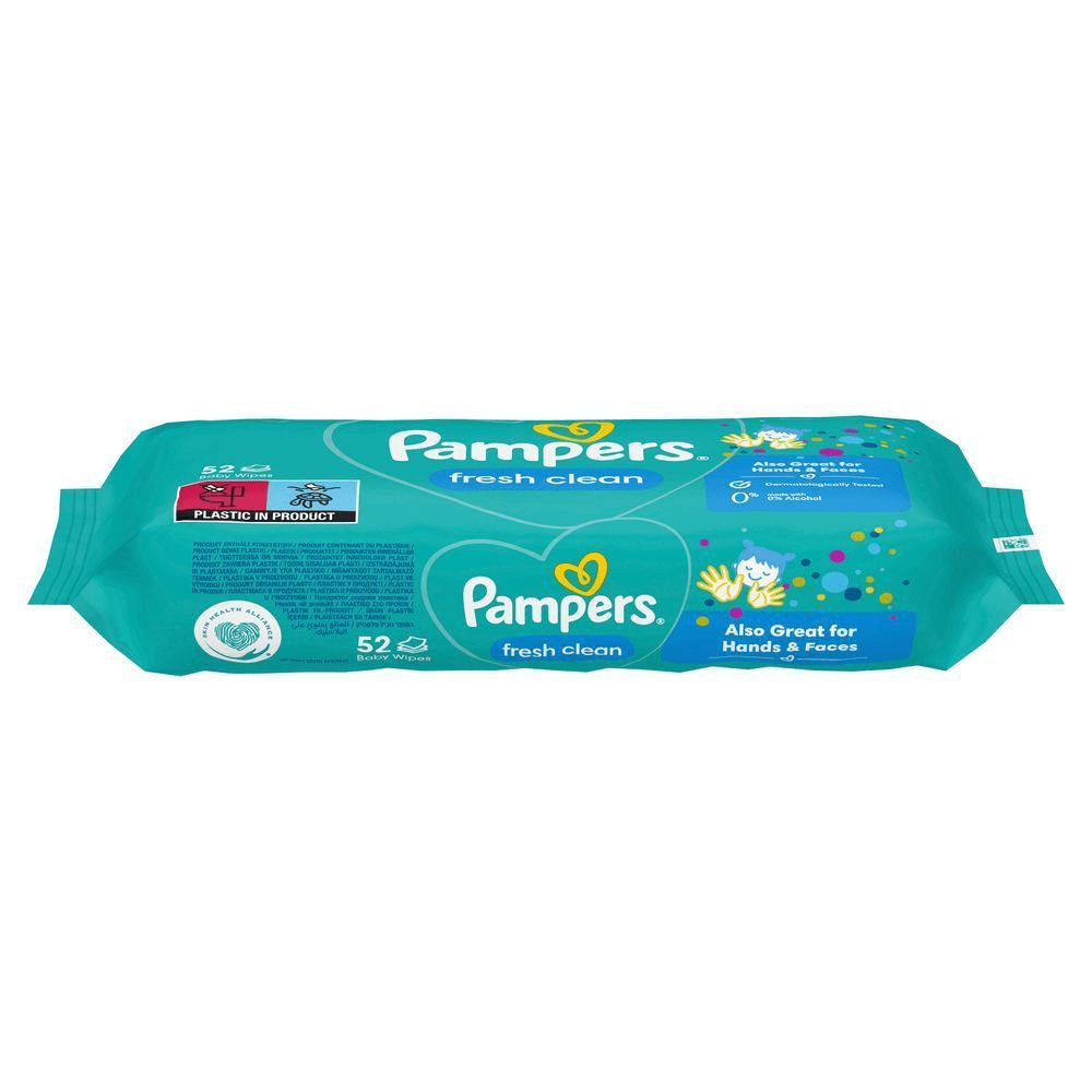 Pampers Fresh Clean Feuchttücher, 52 Stück, auch ideal für Hände und Gesicht, dermatologisch getestet und 0% Alkohol. [RO] Pampers Fresh Clean șervețele umede, pachetul evidențiind că sunt potrivite pentru mâini și față și testate dermatologic. [IT] Pampers Fresh Clean salviettine, confezione da 52, adatte anche per mani e viso e con plastica nel prodotto. [HR] Pampers Fresh Clean vlažne maramice, pakiranje s oznakom "Sadrži plastiku u proizvodu" i "Odlično za ruke i lice". [CS] Pampers Fresh Clean vlhčené ubrousky, balení s nápisem "Also Great for Hands & Faces" a informací, že jsou dermatologicky testovány. [HU] Pampers Fresh Clean törlőkendők csomagolása, kiemelve, hogy kézre és arcra is kiválóan alkalmas, és bőrgyógyászatilag tesztelt. [SK] Pampers Fresh Clean vlhčené obrúsky, balenie s označením "Obsahuje plast" a vhodné aj na ruky a tvár. [SL] Pampers Fresh Clean robčki, 52 kosov, primerni tudi za roke in obraz, dermatološko testirani in brez alkohola.;