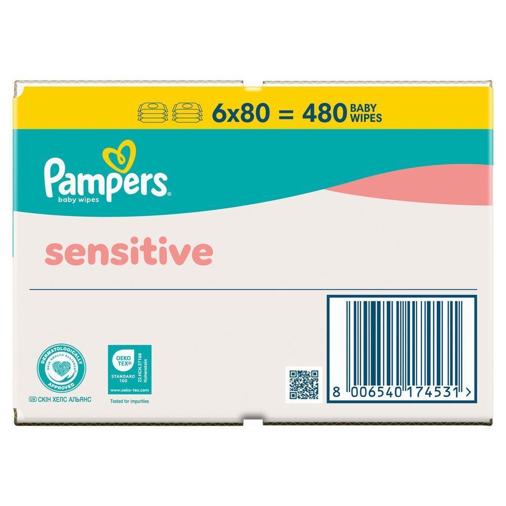 Pampers Sensitive Feuchttücher, Karton mit 6 Packungen à 80 Tücher, insgesamt 480 Feuchttücher. [RO] Pachet de șervețele umede Pampers Sensitive, cu mențiunea 6x80 = 480 șervețele pentru bebeluși. [SV] Pampers Sensitive våtservetter, förpackning med 6x80 = 480 stycken, dermatologiskt godkända och testade för att vara fria från skadliga ämnen. [HR] Pampers Sensitive baby maramice, pakiranje od 6 komada po 80 maramica, ukupno 480 maramica. [CS] Pampers Sensitive vlhčené ubrousky, kartonové balení 480 kusů, s dermatologickým schválením. [HU] Pampers Sensitive babytörlőkendő csomagolása, a 6x80=480 darabos kiszerelést kiemelve. [SK] Pampers Sensitive detské vlhčené obrúsky v balení po 6 baleniach po 80 kusov, celkovo 480 obrúskov. [SL] Pampers Sensitive vlažilni robčki, pakiranje s 480 kosi. [FI] Pampers Sensitive -vauvanpyyhkeiden pakkaus, jossa näkyy 6x80 = 480 vauvanpyyhkeitä -merkintä. [NO] Pampers Sensitive baby wipes, eske med 6 pakker à 80 stk, totalt 480 våtservietter.