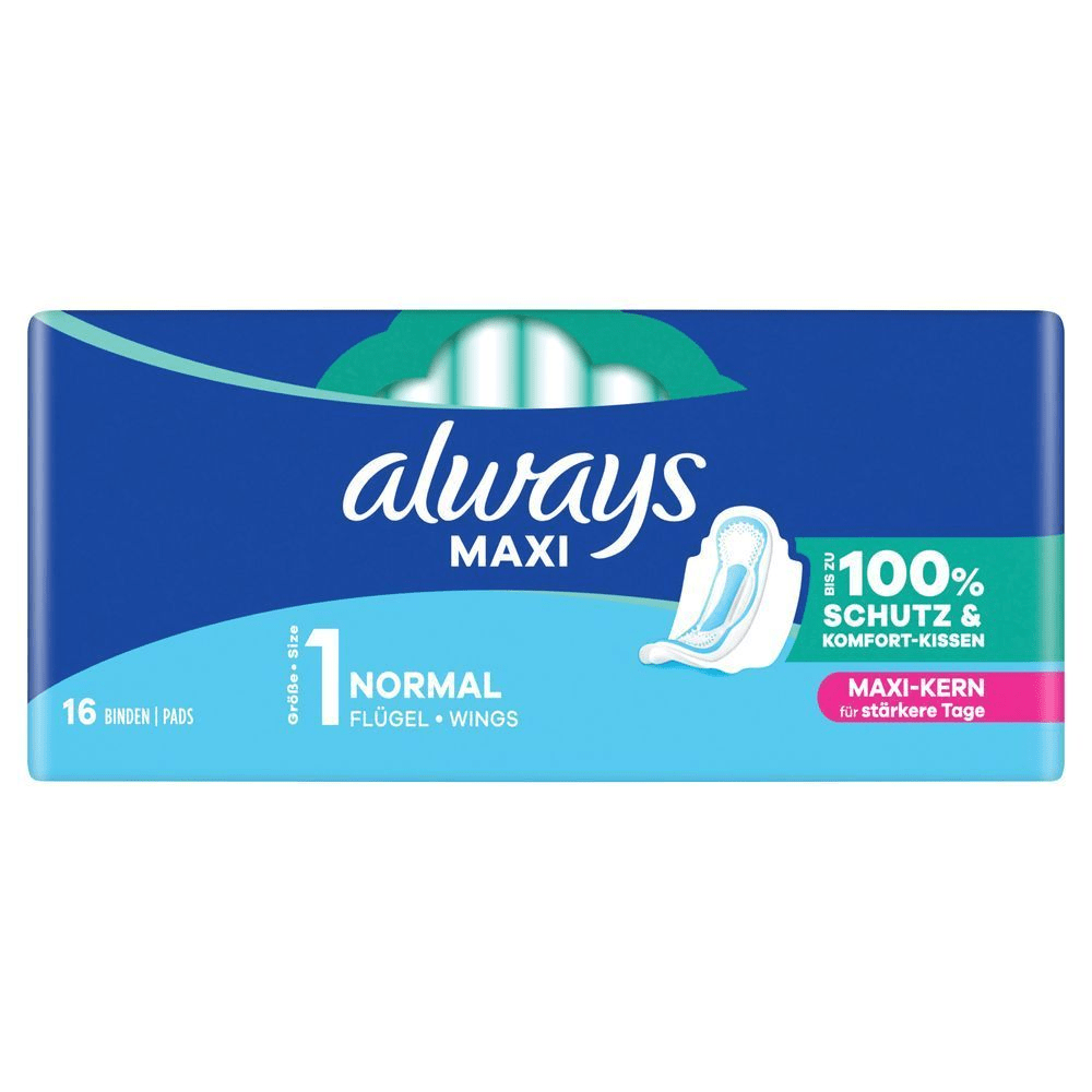 Always Maxi Binden Packung mit dem Hinweis „bis zu 100% Schutz & Komfort-Kissen“.
