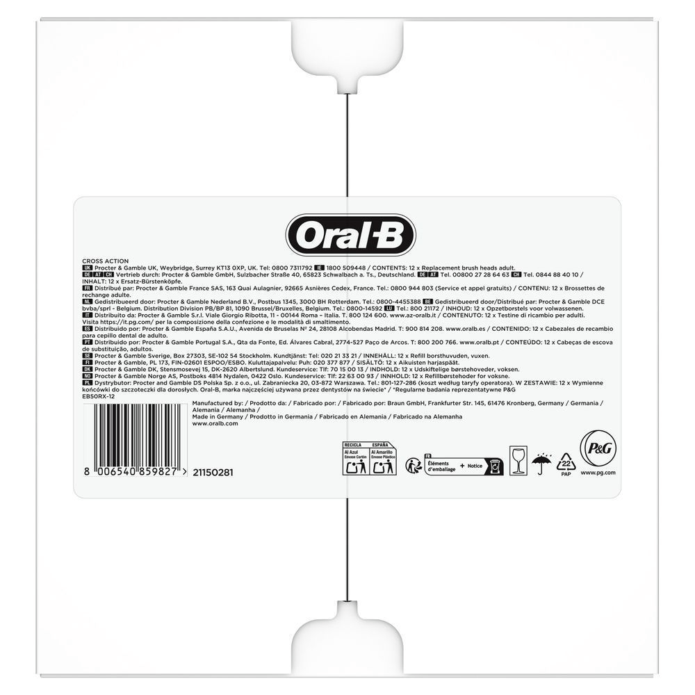 Oral-B Cross Action Aufsteckbürsten-Verpackung mit dem Hinweis: "12 Replacement brush heads adult" (12 Ersatz-Bürstenköpfe für Erwachsene). [EN] Oral-B Cross Action replacement brush heads packaging, containing 12 brush heads for adults. [DA] Oral-B Cross Action pakke med 12 udskiftelige børstehoveder til voksne, som angivet på emballagen. [SV] Oral-B Cross Action refill borsthuvuden, vuxen, förpackning med 12 utbytesborstar för vuxna, som visas på förpackningen. [IT] Oral-B Cross Action, confezione da 12 testine di ricambio per spazzolino elettrico, adatte per adulti. [FI] Oral-B CrossAction -vaihtoharjaspakkaus, jossa 12 aikuisten vaihtoharjaa. [NO] Oral-B Cross Action refillbørstehoder, pakke med 12 stk, for voksne, som fremhever erstatningsbørstehoder for voksne. [ES] Oral-B Cross Action, paquete con 12 cabezales de recambio para cepillo dental de adulto.;