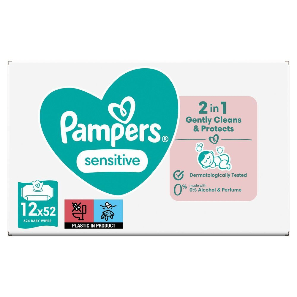 Pampers Sensitive Feuchttücher, 12 Packungen mit je 52 Tüchern, mit dem Hinweis "2 in 1: Reinigt sanft und schützt". [EN] Pampers Sensitive baby wipes, 12 packs of 52, featuring a "2 in 1 gently cleans and protects" claim. [RO] Pachet Pampers Sensitive cu 624 șervețele, care curăță delicat și protejează, testate dermatologic și fără alcool sau parfum. [IT] Pampers Sensitive salviette per bambini, confezione da 12 pacchi da 52, clinicamente testate e senza alcool o profumo. [HR] Pampers Sensitive vlažne maramice, 12 pakiranja po 52 komada, dermatološki testirane i bez alkohola i parfema, nježno čiste i štite. [CS] Pampers Sensitive vlhčené ubrousky, balení 12x52, s označením "2 v 1: Jemně čistí a chrání" a dermatologicky testováno. [HU] Pampers Sensitive törlőkendő, 2 az 1-ben: gyengéden tisztít és véd. Bőrgyógyászatilag tesztelt. [SK] Pampers Sensitive detské vlhčené obrúsky, balenie 12 x 52 kusov, s označením "2 v 1 Jemne čistí a chráni" a 0% alkoholu a parfumácie. [SL] Pampers Sensitive otroški robčki, pakiranje 12 x 52, ki nežno očistijo in ščitijo, dermatološko testirani in brez alkohola ter parfumov.;