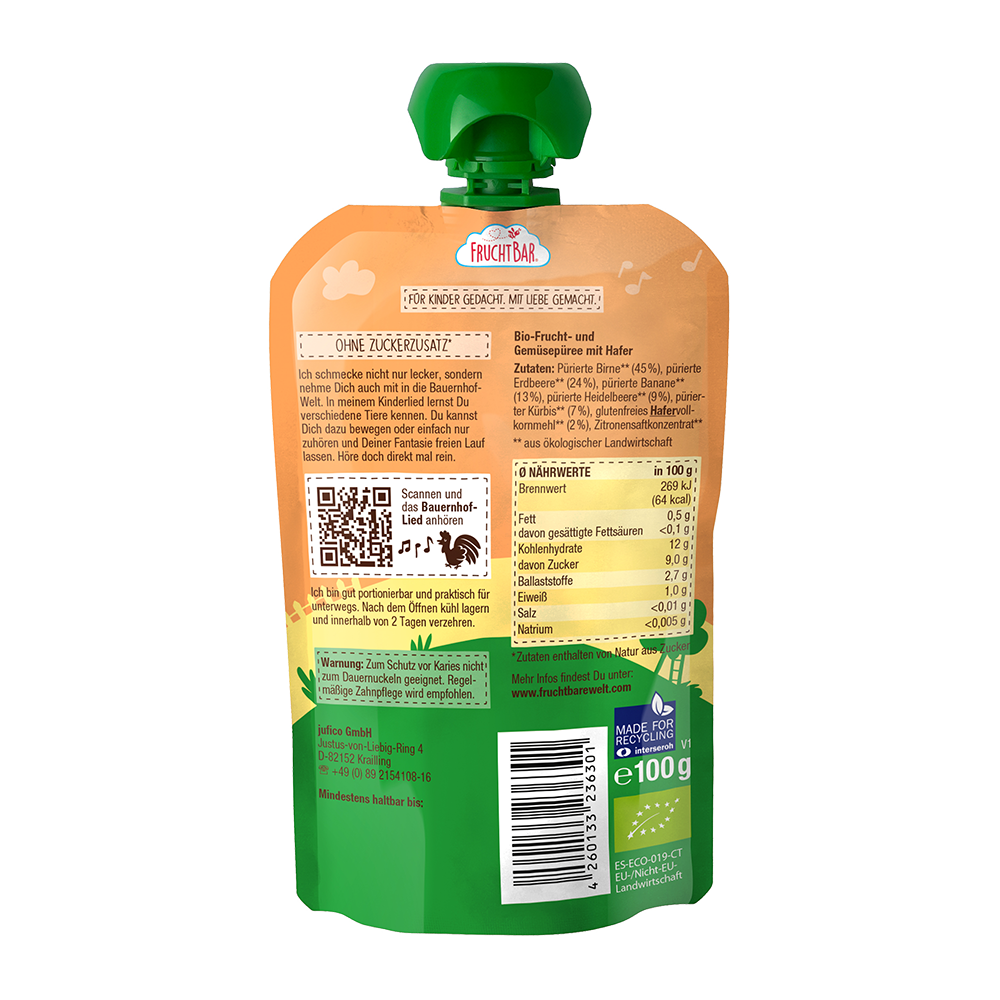 Bild: FruchtBar Quetschie Birne, Heidelbeere, Erdbeere, Kürbis und Hafer 