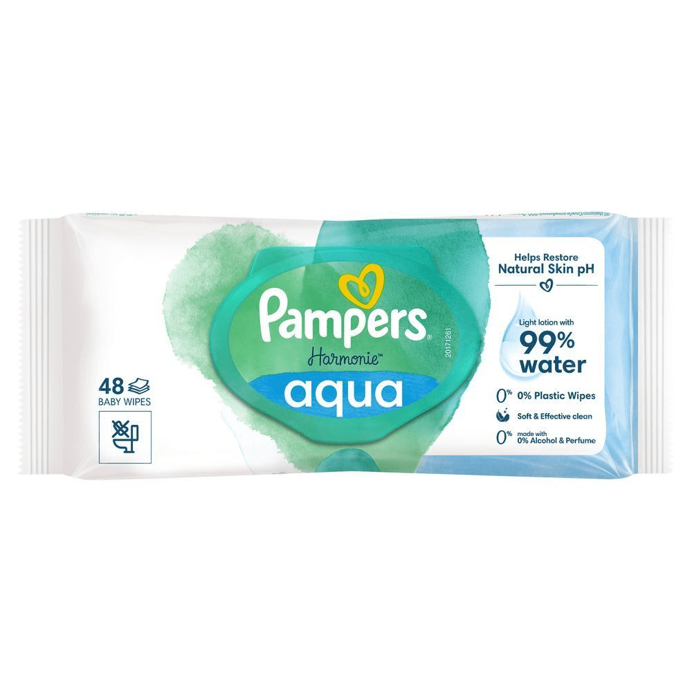 Pampers Harmonie Aqua Feuchttücher, 48 Stück, mit dem Hinweis "Leichte Lotion mit 99% Wasser". [EN] Pampers Harmonie Aqua baby wipes, 48 count package, highlighting the claim of light lotion with 99% water. [RO] Pampers Harmonie Aqua, șervețele umede pentru bebeluși, pachet cu loțiune delicată cu 99% apă. [SV] Pampers Harmonie Aqua våtservetter, 48 stycken, med förpackning som framhäver att de innehåller 99% vatten och är utan plast, alkohol och parfym. [IT] Pampers Harmonie Aqua salviette per bambini, confezione da 48, con lozione leggera al 99% di acqua. [HR] Pampers Harmonie Aqua vlažne maramice, pakiranje od 48 komada, s naglaskom na formulu s 99% vode. [CS] Pampers Harmonie Aqua vlhčené ubrousky, balení 48 kusů, s lehkým lotionem obsahujícím 99 % vody. [HU] Pampers Harmonie Aqua törlőkendők csomagolása, kiemelve a 99%-os víztartalmat és a 0% műanyag, alkohol és parfüm összetevőket. [SK] Pampers Harmonie Aqua detské vlhčené obrúsky, balenie so 48 kusmi, s ľahkou emulziou s 99% vody. [SL] Pampers Harmonie Aqua vlažilni robčki, 48 kos, z lahkim losjonom z 99% vodo za obnovo naravnega pH kože. [FI] Pampers Harmonie Aqua -vauvanpyyhkeiden pakkaus, jossa korostetaan 99 % vesipitoisuutta ja että ne auttavat palauttamaan ihon luonnollisen pH:n. [NO] Pampers Harmonie Aqua våtservietter, 48 stk, med lett lotion og 99% vann for å hjelpe med å gjenopprette hudens naturlige pH-verdi.;