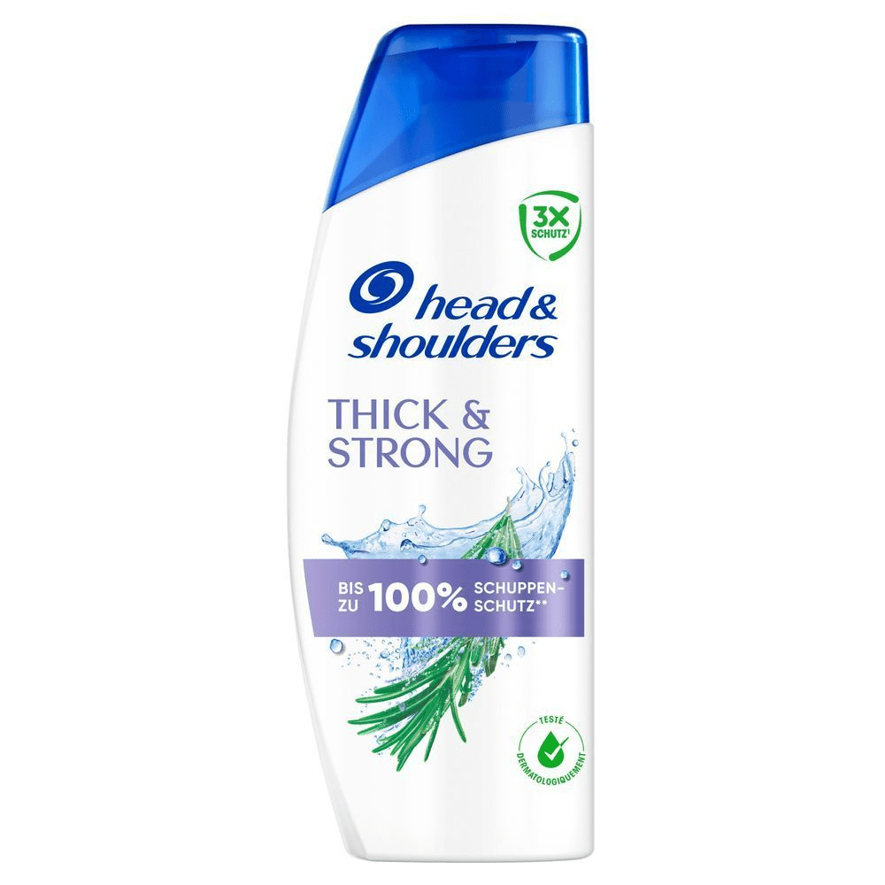 Head & Shoulders Thick & Strong Anti-Schuppen Shampoo mit Rosmarin-Grafik, das bis zu 100% Schuppenschutz verspricht.