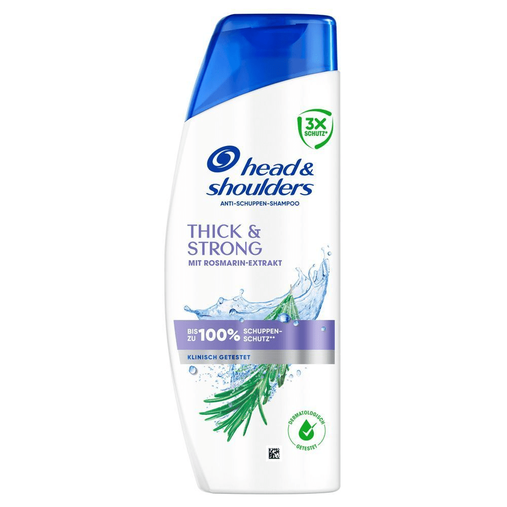 Head & Shoulders Thick & Strong Anti-Schuppen-Shampoo mit Rosmarin-Extrakt, wirbt mit bis zu 100% Schuppen-Schutz.