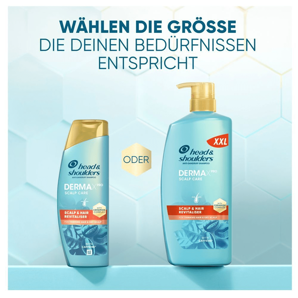 Head & Shoulders DermaX Pro Haarshampoo in zwei GrÃ¶Ãen: normale Flasche oder XXL mit Pumpe.