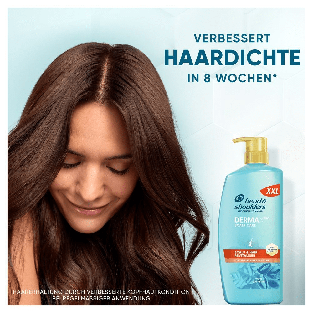 Head & Shoulders Werbung fÃ¼r blaue Flasche, verspricht verbesserte Haardichte in 8 Wochen