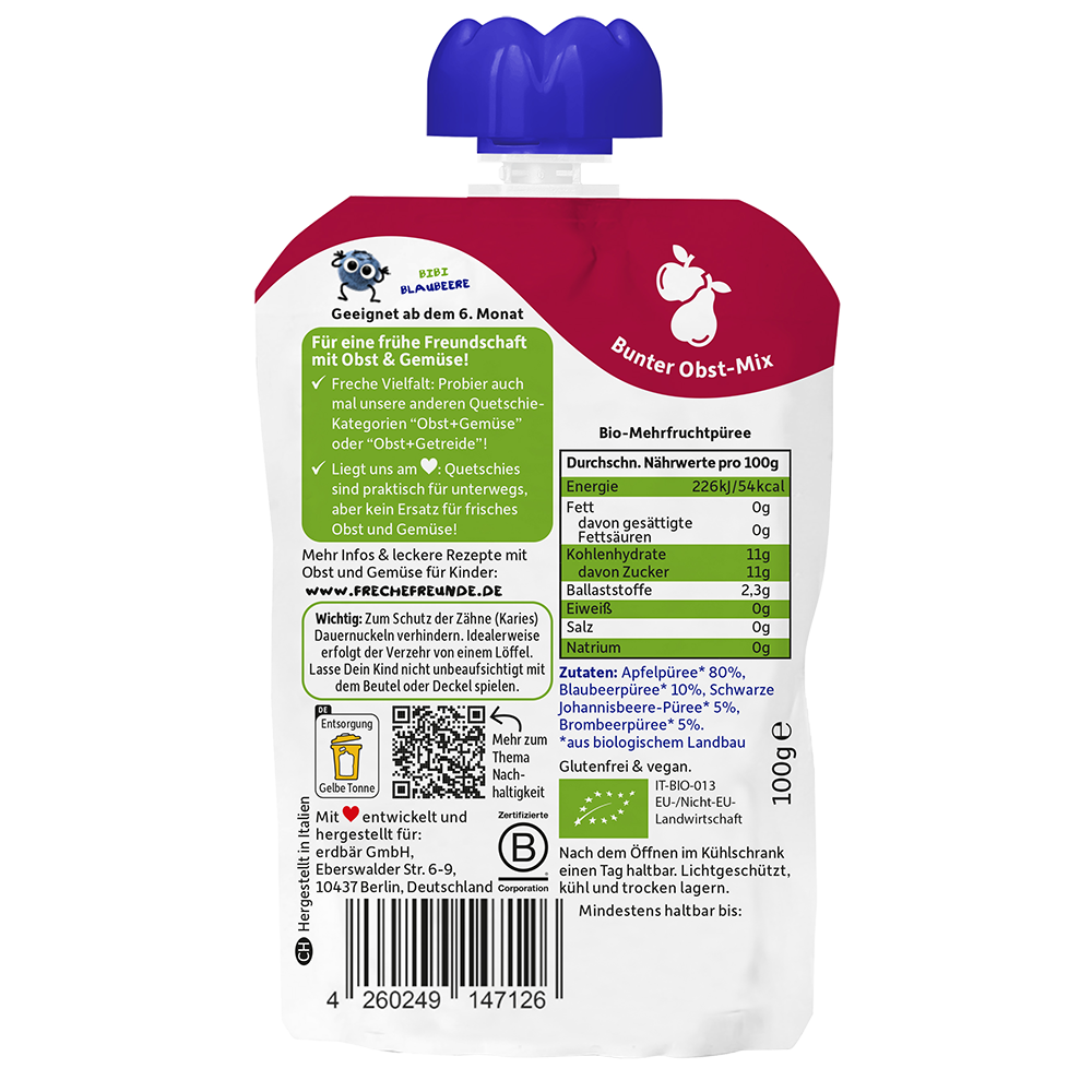 Bild: Freche Freunde Quetschie Apfel, Blaubeere, Johannisbeere und Brombeere 
