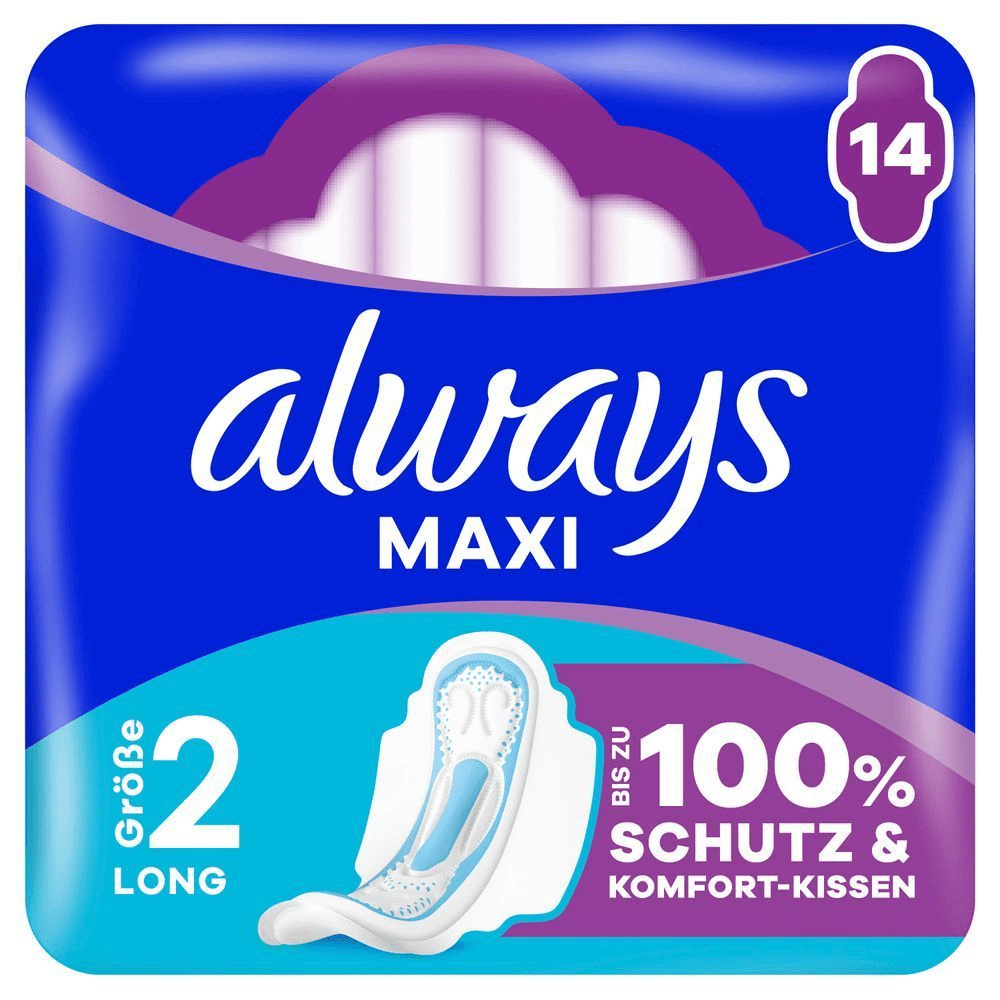 Always Maxi Damenbinden, Größe 2 Long, Packung mit 14 Stück, mit dem Versprechen von bis zu 100% Schutz und Komfort-Kissen.
