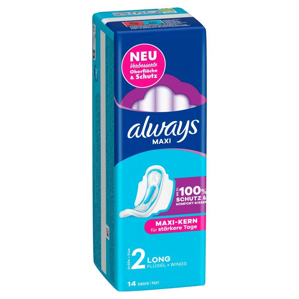 Always MAXI Binden LONG 2 mit Flügeln, NEU mit verbesserter Oberfläche & Schutz, bis zu 100% SCHUTZ.