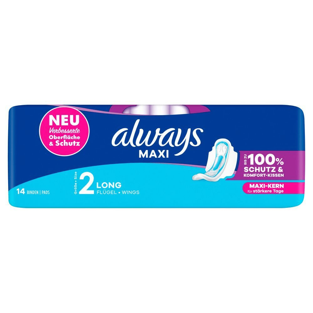 Always MAXI Pads, NEU mit verbesserter Oberfläche & Schutz, 2 LONG mit Flügeln.