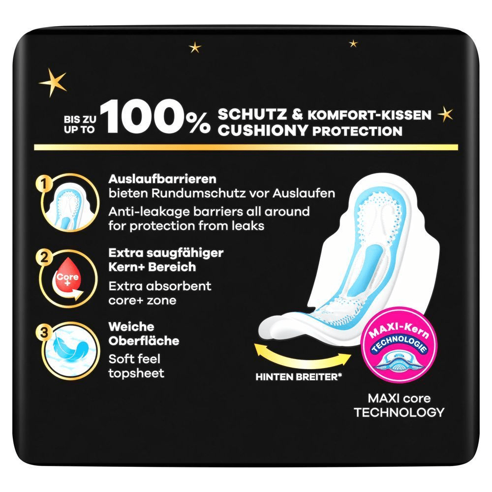 Always Bindenverpackung, die bis zu 100 % Schutz und Komfort mit Auslaufbarrieren, extra saugfähigem Kern und weicher Oberfläche verspricht.