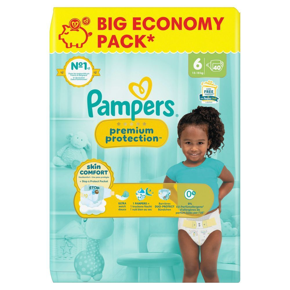 Pampers Premium Protection Windeln, Größe 6, im Big Economy Pack mit dem Hinweis auf Hautkomfort und Stop & Protect Pocket.;