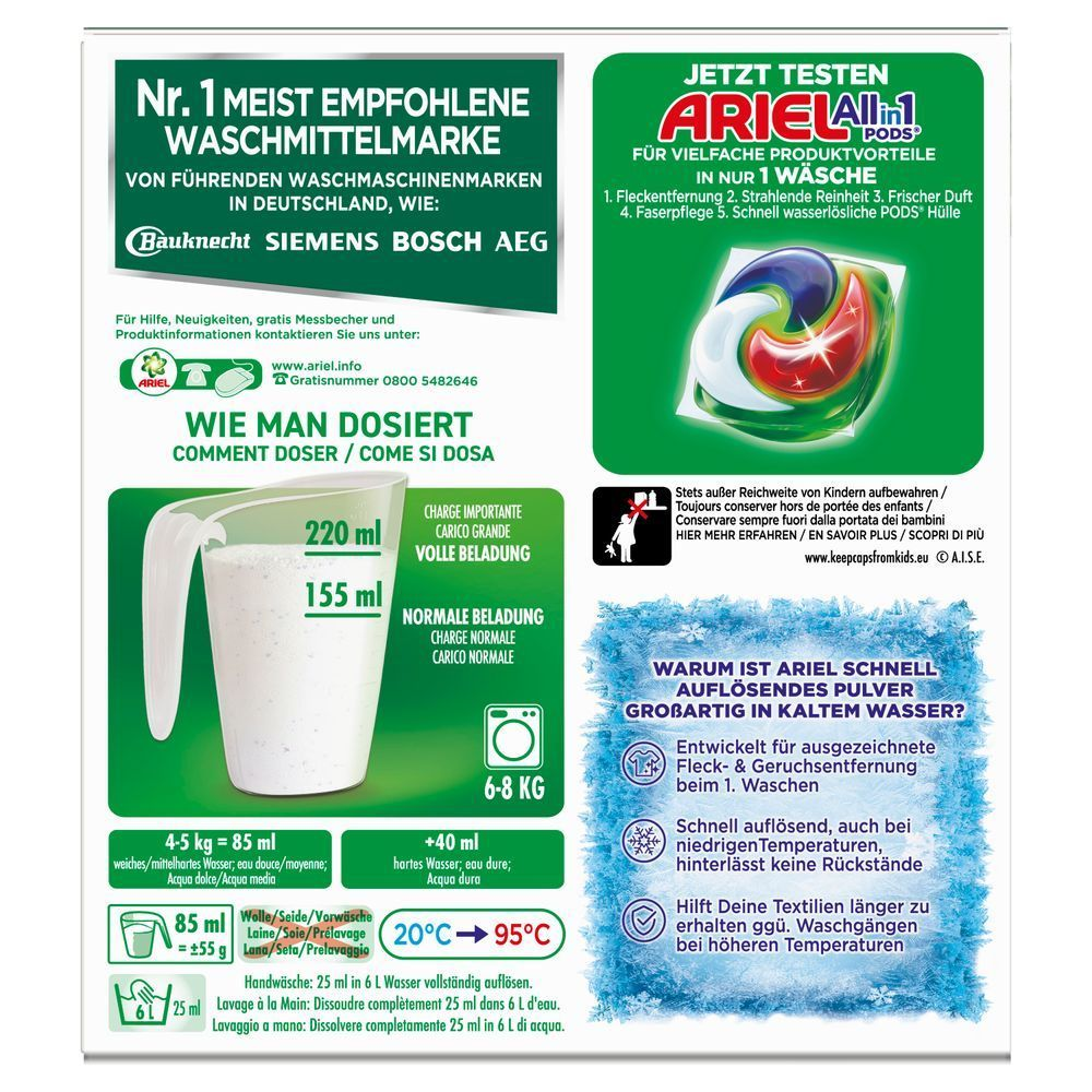 Rückseite der Ariel Waschmittelpackung mit Dosierungsanweisungen und Empfehlungen [IT] Retro della scatola del detersivo per bucato Ariel, con istruzioni per il dosaggio e raccomandazioni;