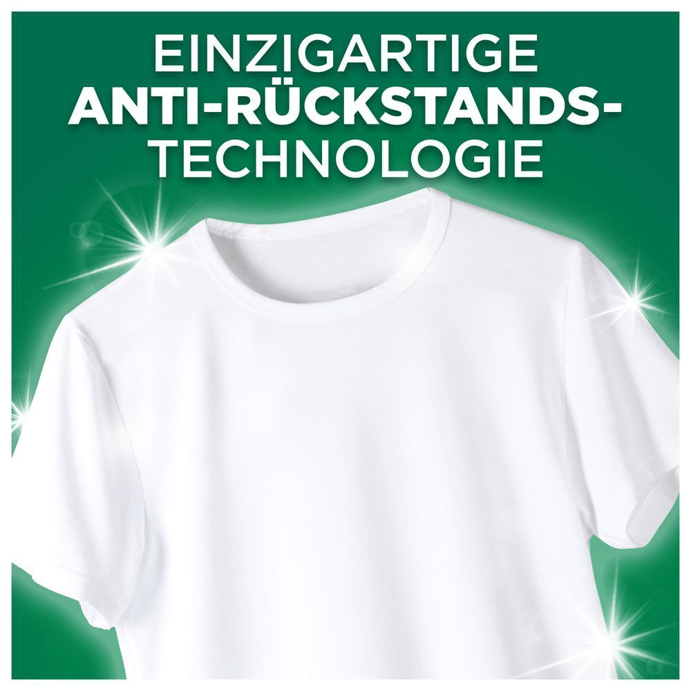 Werbung für Ariel-Waschmittel mit einem weißen T-Shirt und dem Text „Einzigartige Anti-Rückstands-Technologie“