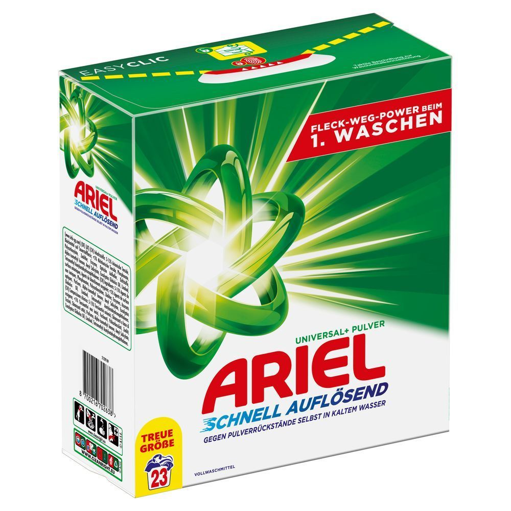 Ariel schnell auflösendes Waschmittelpulver, Universal+, 23 Waschladungen, Karton [IT] Detersivo in polvere per bucato Ariel a rapido scioglimento, Universal+, 23 lavaggi, scatola;