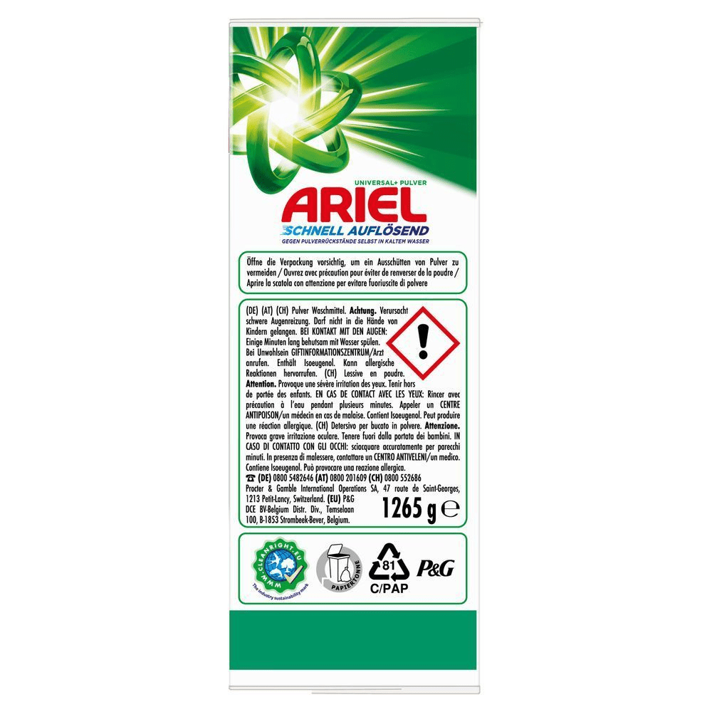 Seitenansicht der Ariel Waschmittelpackung mit Markenlogo und Sicherheitsinformationen [IT] Vista laterale della scatola del detersivo per bucato Ariel con logo del marchio e informazioni sulla sicurezza;
