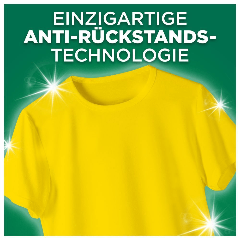 Ariel Waschmittel mit einzigartiger Anti-Rückstands-Technologie, Abbildung zeigt ein gelbes Hemd