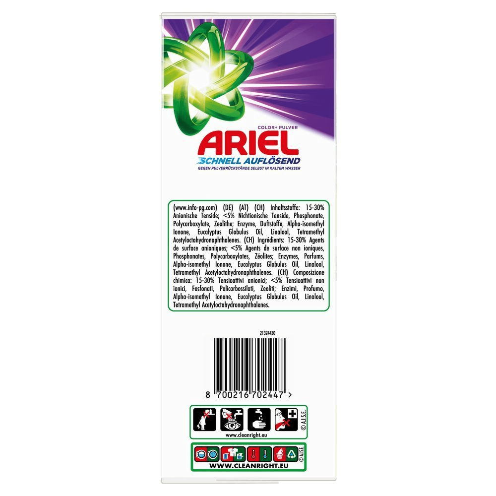Seitenansicht der Ariel-Waschmittelpackung mit Markenlogo und Liste der Inhaltsstoffe [IT] Vista laterale della scatola del detersivo per bucato Ariel con logo del marchio ed elenco degli ingredienti;
