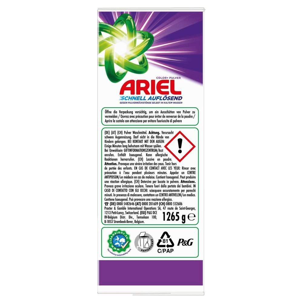 Seitenansicht der Ariel Waschmittelpackung mit Markenlogo und Sicherheitshinweisen [IT] Vista laterale della scatola del detersivo per bucato Ariel con logo del marchio e informazioni sulla sicurezza;