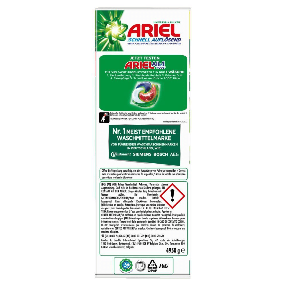 Ariel Universal+ Pulverwaschmittel. Seitenansicht mit Ariel Waschmittel: Nr. 1 empfohlene Marke von Waschmaschinenherstellern in Deutschland (Bauknecht, Siemens, Bosch, AEG). Angaben zu Inhaltsstoffen und gesetzlichen Vorschriften in Deutsch werden angezeigt. [EN] Ariel  Universal+ powder laundry detergent [IT] Detersivo in polvere per bucato Ariel Universal+;