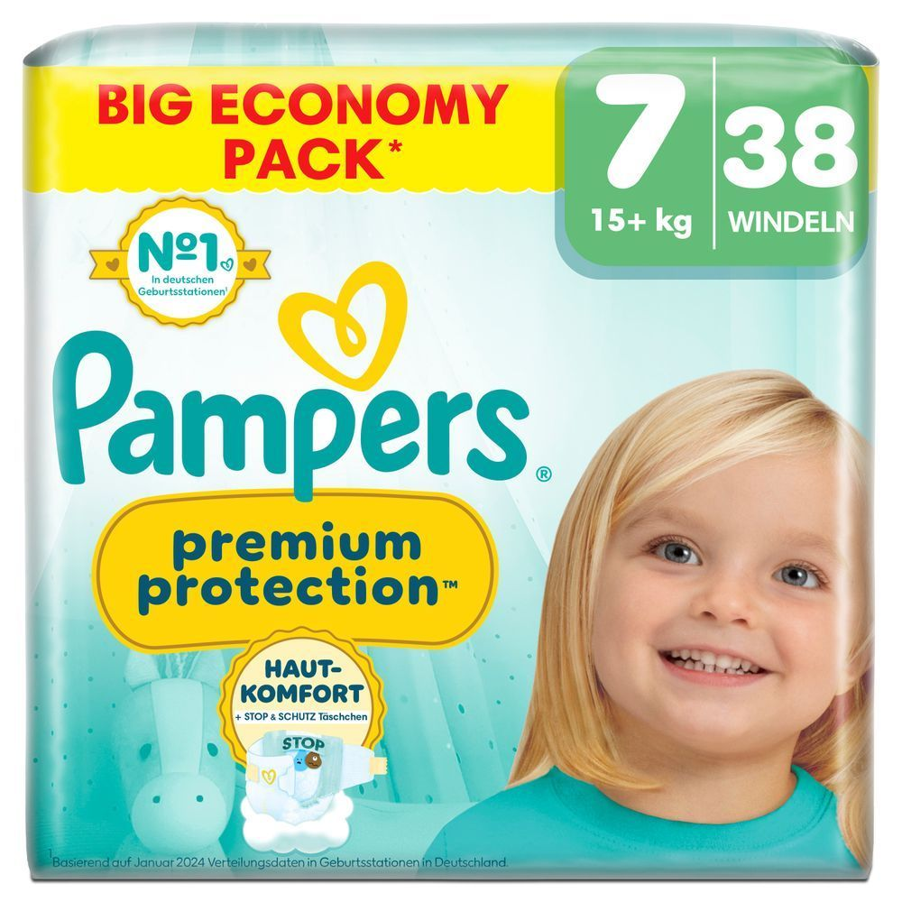 Pampers Premium Protection Big Economy Pack, Größe 7, mit 38 Windeln, 15+kg, hervorgehoben wird der Produktvorteil: Hautkomfort + Stop & Schutz Täschchen sowie Nr.1 in deutschen Geburtsstationen (basierend auf Januar 2024 Verteilungsdaten in DE).