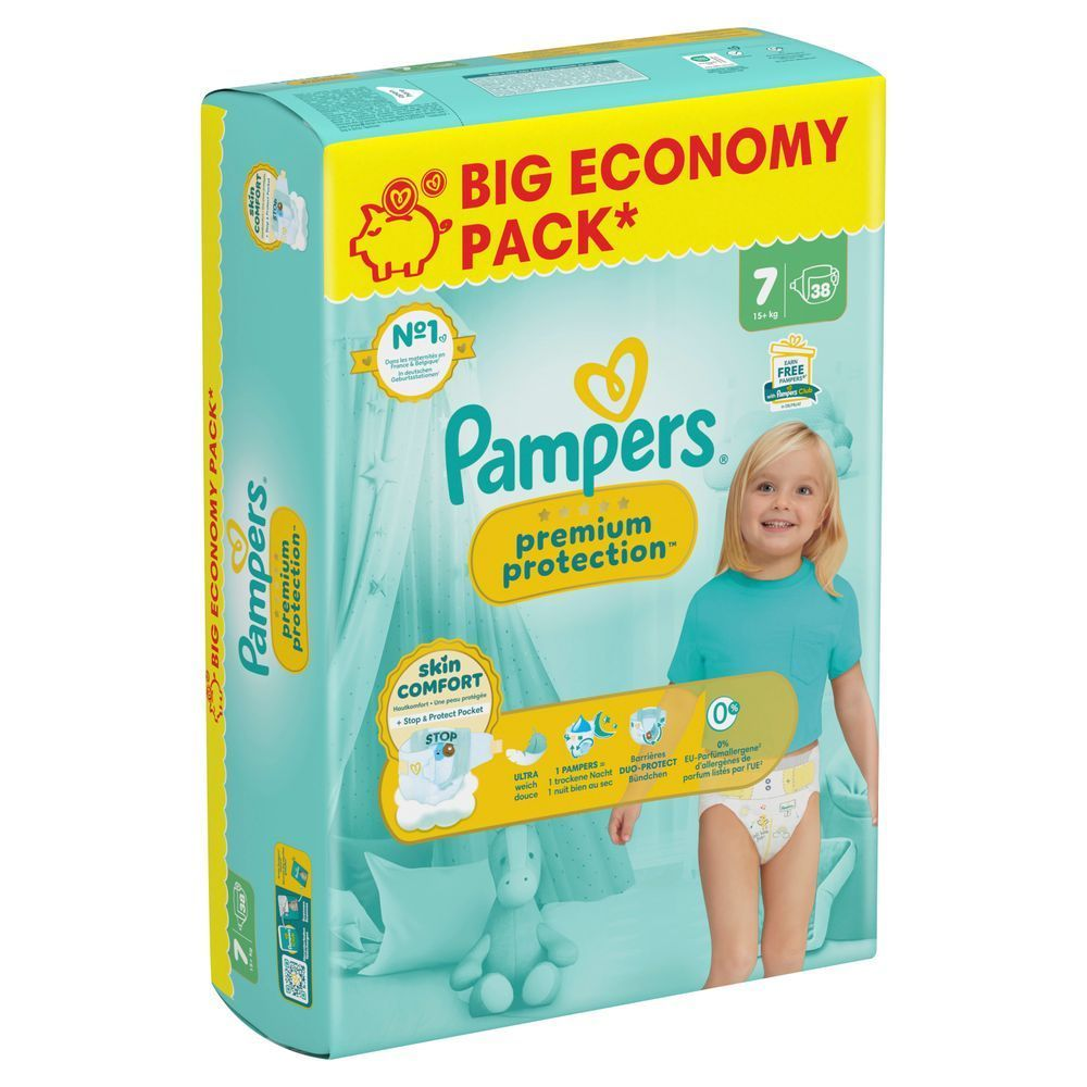 Pampers Premium Protection Windeln, Big Economy Pack, mit dem Hinweis auf 0% EU-Parfümallergene und Hautkomfort.;