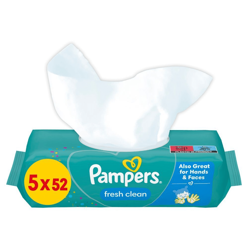 Pampers Fresh Clean Feuchttücher, 5er Pack mit je 52 Tüchern, hervorgehoben wird der Produktvorteil: Auch für Hände und Gesicht geeignet. [IT] Pampers Fresh Clean salviette umidificate, confezione da 5 pacchi da 52, adatte anche per mani e viso. [HR] Pampers Fresh Clean vlažne maramice, pakiranje od 5 komada po 52 maramice, pogodne i za ruke i lice. [CS] Pampers Fresh Clean vlhčené ubrousky, balení 5x52 kusů, vhodné i pro ruce a obličej. [HU] Pampers Fresh Clean törlőkendők, 5x52 darabos kiszerelésben, kiemelve, hogy kézre és arcra is kiválóan használható. [SK] Pampers Fresh Clean vlhčené obrúsky, balenie 5x52 kusov, vhodné aj na ruky a tvár. [SL] Pampers Fresh Clean vlažilni robčki, pakiranje 5 x 52 robčkov, primerni tudi za roke in obraz.;