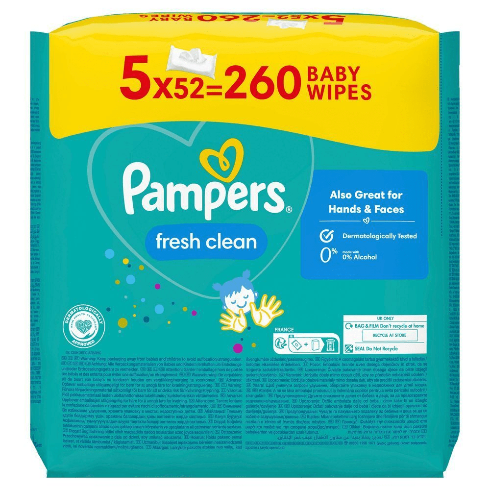 Pampers Fresh Clean Feuchttücher, 5x52=260 Stück, auch ideal für Hände und Gesicht, dermatologisch getestet und mit 0% Alkohol. [EN] Pampers Fresh Clean baby wipes, 5 packs of 52, also great for hands and faces, dermatologically tested. [IT] Pampers Baby Wipes Fresh Clean, confezione da 5 pacchi da 52, dermatologicamente testate e senza alcool. [HR] Pampers Fresh Clean vlažne maramice, pakiranje 5x52=260, dermatološki testirane i prikladne za ruke i lice, bez alkohola. [CS] Pampers Fresh Clean dětské ubrousky, balení 5x52=260 kusů, dermatologicky testované a bez alkoholu. [HU] Pampers Fresh Clean törlők, 5x52 darabos kiszerelés. Bőrgyógyászatilag tesztelt, 0% alkohollal, kézre és arcra is. [SK] Pampers Fresh Clean detské vlhčené obrúsky, balenie 5 x 52 kusov, dermatologicky testované a bez alkoholu. [SL] Pampers Fresh Clean otroški robčki, pakiranje 5x52=260, dermatološko testirani in brez alkohola, primerni tudi za roke in obraz.;