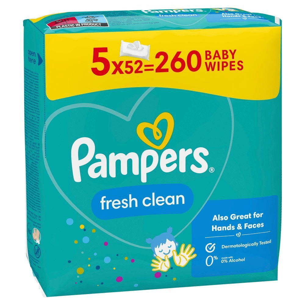 Pampers Fresh Clean Feuchttücher, 5 x 52 = 260 Stück, auch für Hände und Gesicht, dermatologisch getestet und ohne Alkohol. [EN] Pampers Fresh Clean baby wipes, 5 packs of 52 totaling 260 wipes, also great for hands and faces. [IT] Pampers Fresh Clean salviette per bambini, confezione da 260 (5x52), dermatologicamente testate e adatte anche per mani e viso. [HR] Pampers Fresh Clean vlažne maramice, pakiranje od 5 x 52 = 260 komada, dermatološki testirane i bez alkohola. [CS] Pampers Fresh Clean dětské ubrousky, balení 5 x 52 = 260 kusů, dermatologicky testováno, bez alkoholu a vhodné i na obličej. [HU] Pampers Fresh Clean törlőkendő csomagolása, 5x52=260 darabos kiszerelés, dermatológiailag tesztelt és alkoholmentes formula kiemelve. [SK] Pampers Fresh Clean detské vlhčené obrúsky, balenie 5 x 52 = 260 kusov, dermatologicky testované a bez alkoholu. [SL] Pampers Fresh Clean otroški robčki, pakiranje 5 x 52 = 260 robčkov, dermatološko testirano in brez alkohola.;