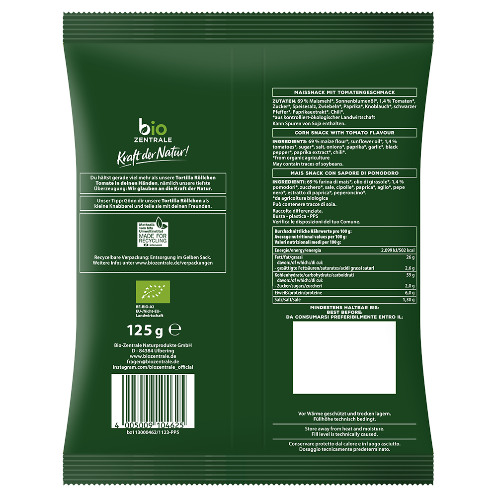 Bild: Biozentrale Tortilla Röllchen Mais und Tomate 