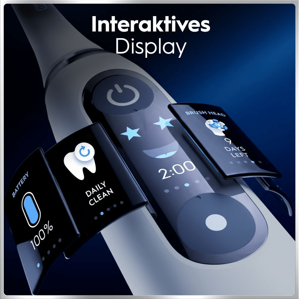 Elektrische Zahnbürste mit interaktivem Display zeigt Putzzeit, Akku und Bürstenkopf-Status.