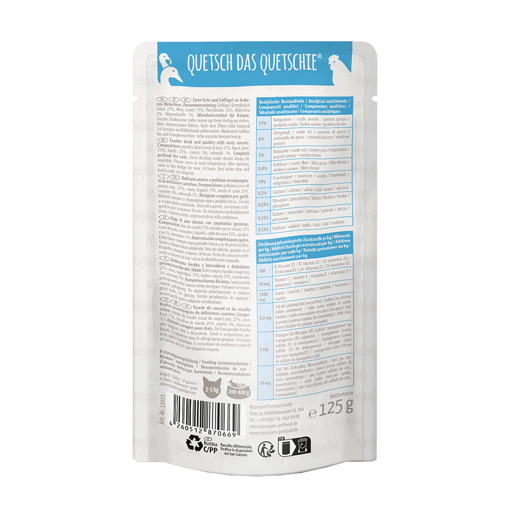 Bild: Mjamjam Quetschie Zarte Ente und Geflügel mit Möhrchen 